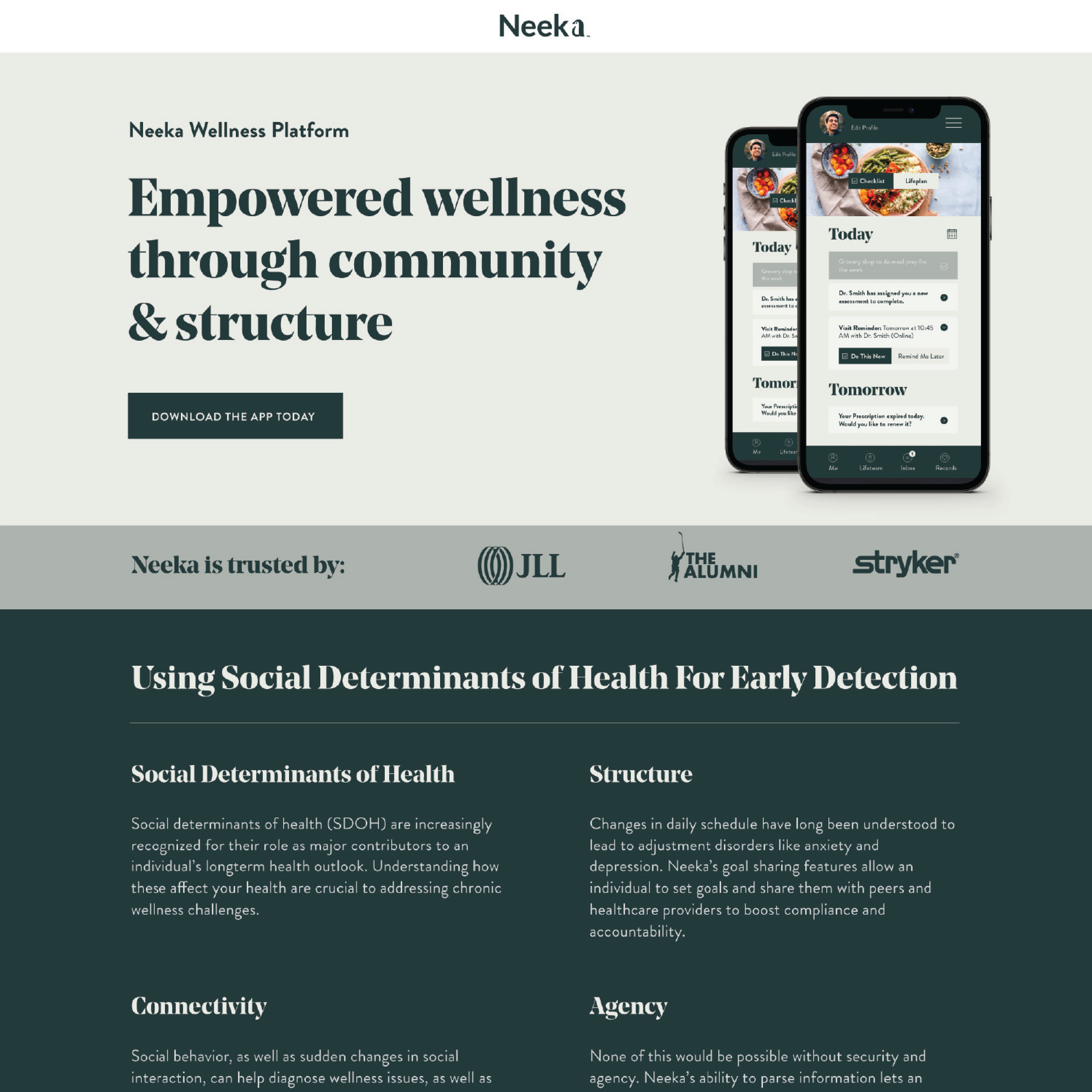 Landing Page Concept for Neeka Wellness Platform webpage showing mobile app interface and features like a checklist, life plan, and daily schedule for health management.