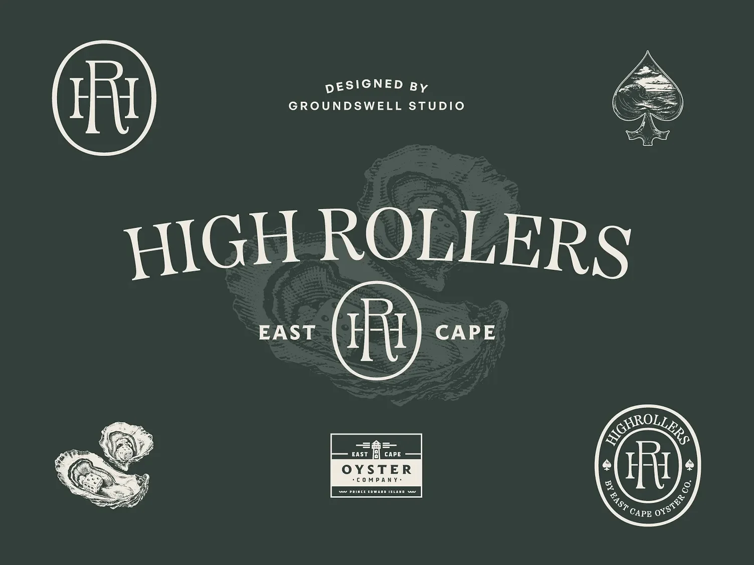 Designs and logos for High Rollers by East Cape Oyster Company, featuring oyster illustrations and various logo designs.
