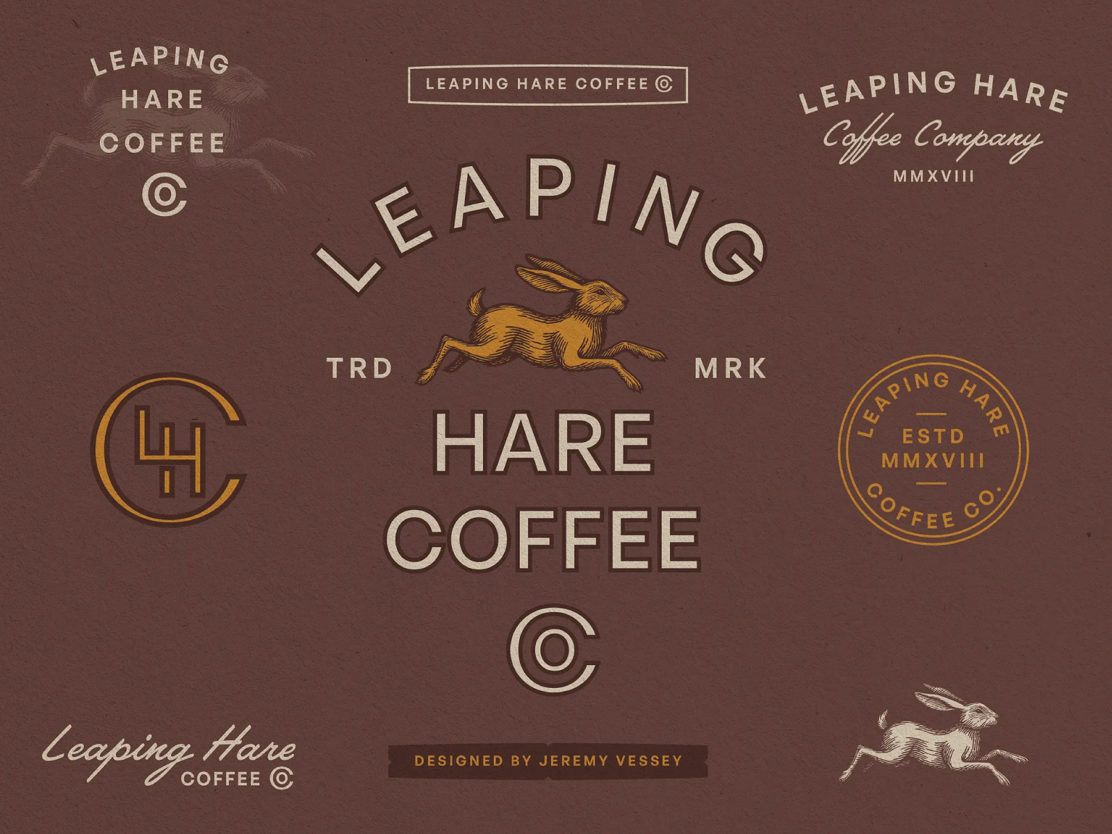 Graphic for Leaping Hare Coffee featuring a leaping hare illustration, with various text and logos including 'Leaping Hare Coffee', 'LEAPING HARE COFFEE', and 'Founded by Jeremy Vessey' on a brown background.
