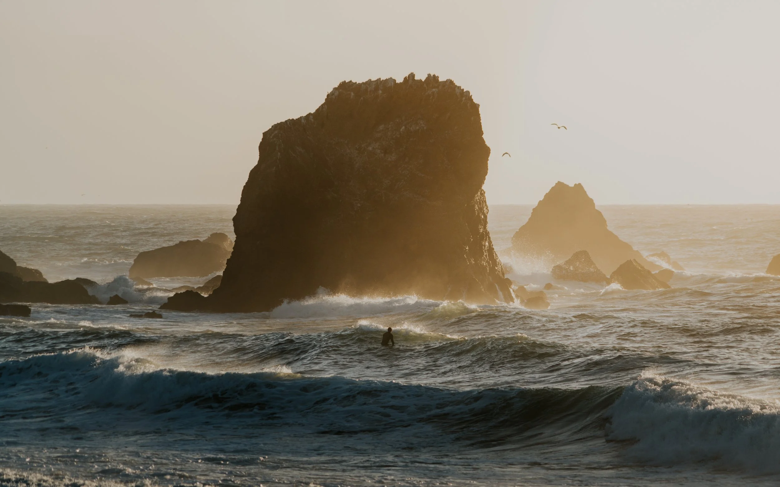 Sunset over ocean with large rocks and waves, seagulls flying in the sky, and a person in the water.