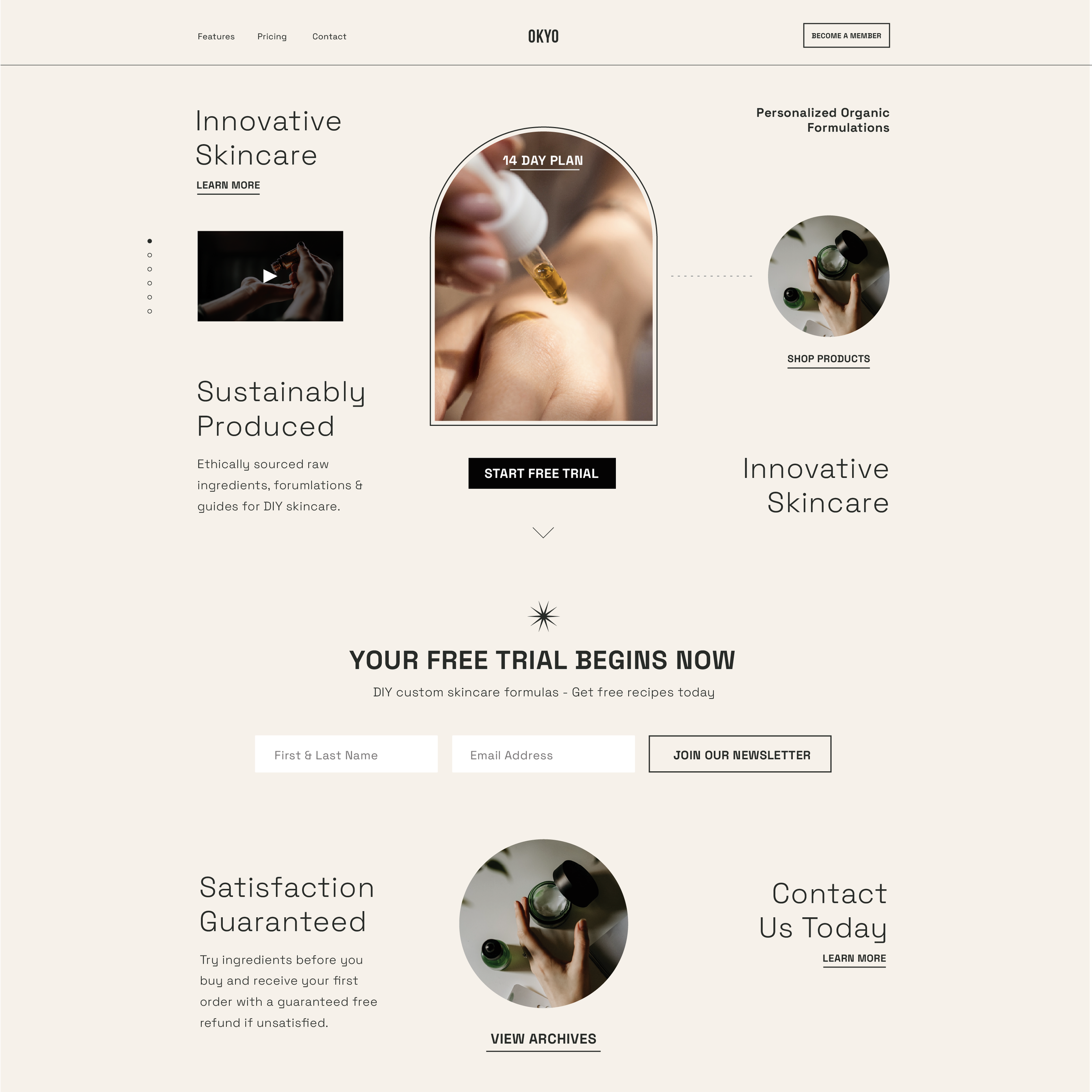 Website homepage for Okyo skincare brand featuring a minimalistic beige design, showcasing a 14-day skincare plan, product images, and subscription sign-up form.