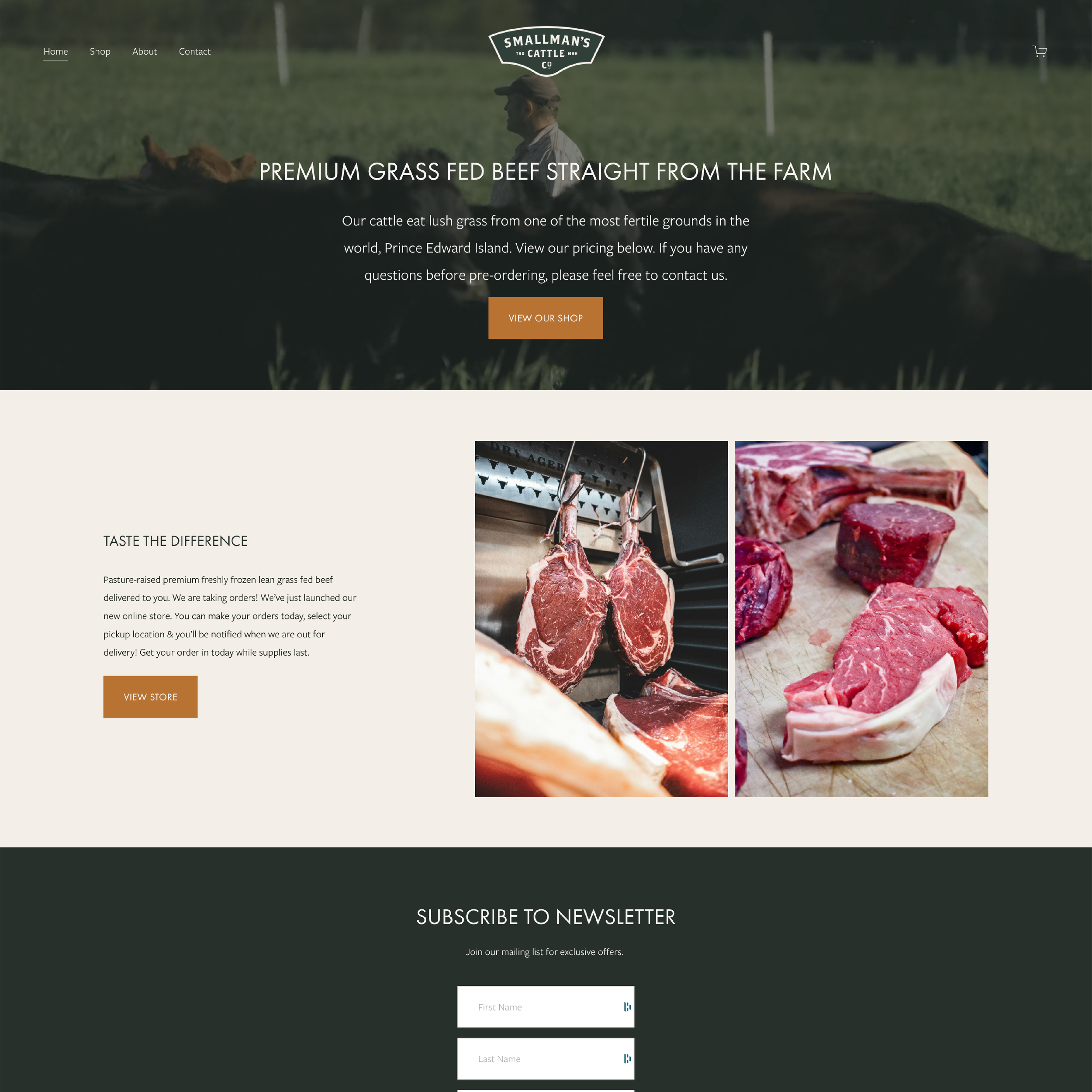 A webpage homepage for Smallman's Cattle Co., featuring a hero image of a person on a farm with cattle, with text promoting premium grass-fed beef and a call-to-action button. Below are sections about the beef, a subscription form, and images of raw 