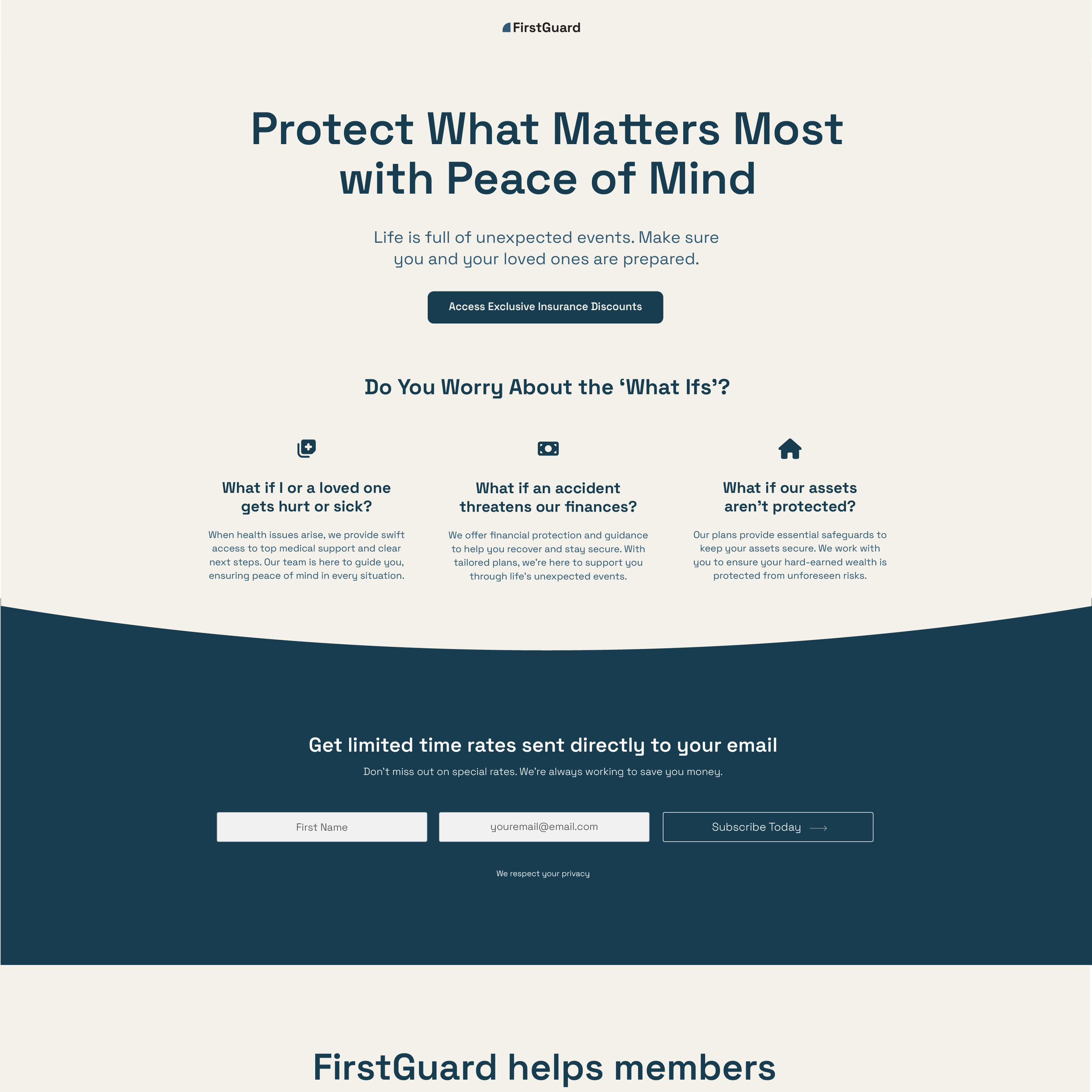 A website homepage for FirstGuard, an insurance company. The page features a headline that says 'Protect What Matters Most with Peace of Mind' and a subtext about being prepared for life’s unexpected events. There is a CTA button labeled 'Access Excl
