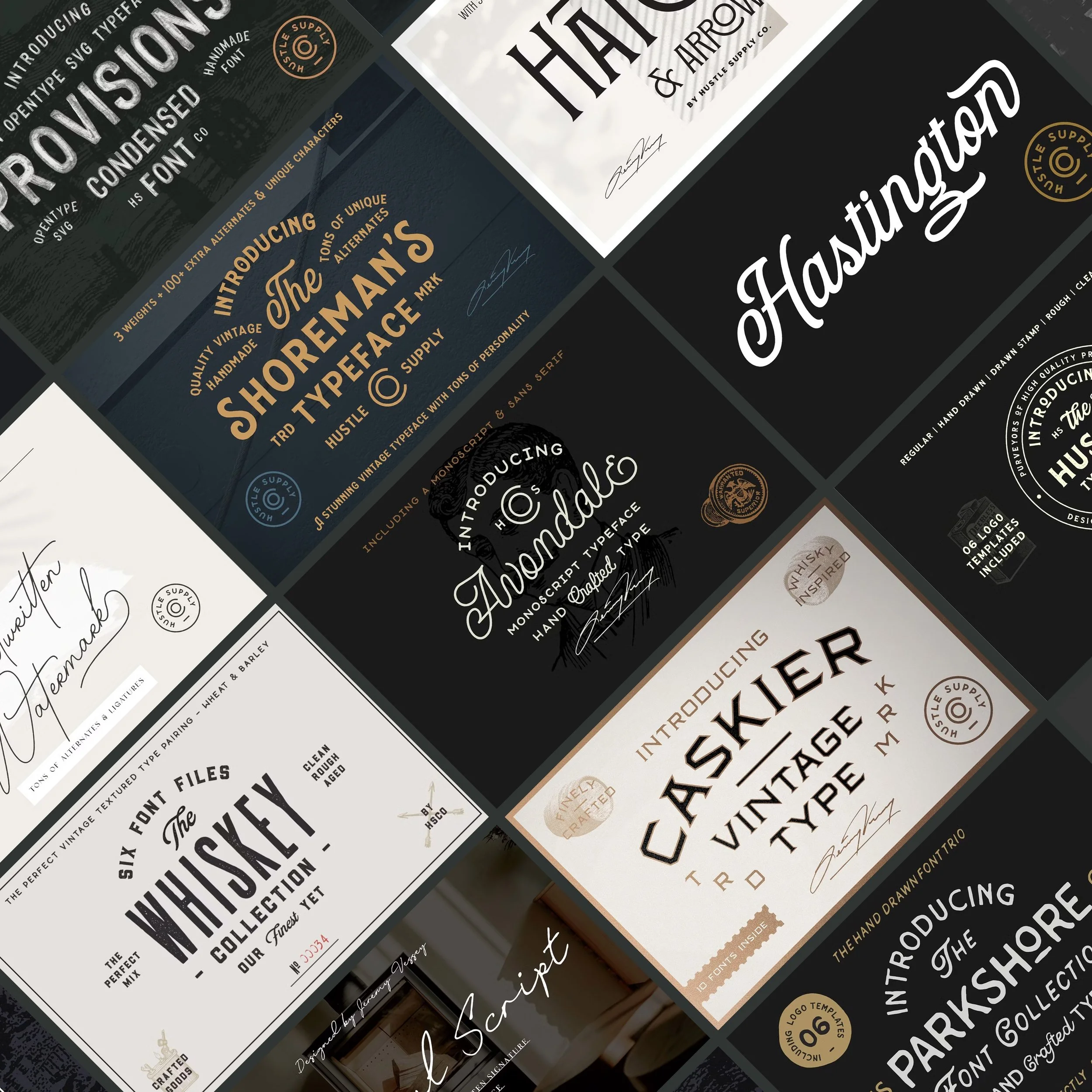 Collection of various typography and font design templates with different styles, sizes, and colors displayed on mockups.