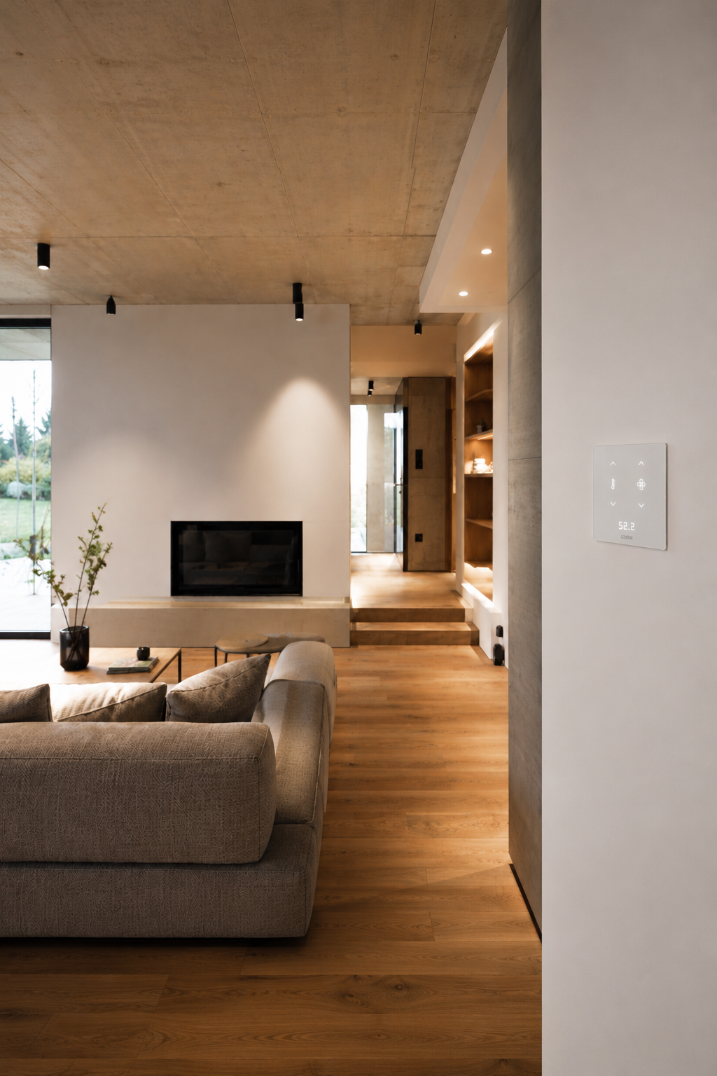 Loxone Smart Home Installation — Salvatech. Modern living room with Loxone Touch Pure Flex smart panel installed on wall — smart home automation by Salvatech.