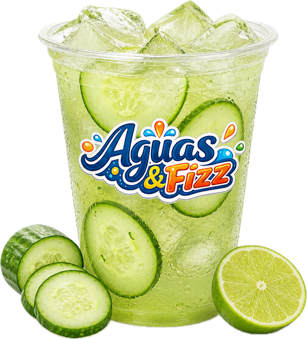 A clear cup filled with cucumber and lime flavored carbonated water with ice cubes, featuring the label 'Aguas & Fizz' and garnished with slices of cucumber and lime placed beside the cup.