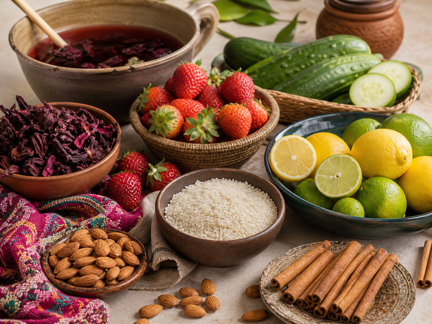 A variety of fresh fruits, spices, and ingredients on a table, including strawberries, lemons, cucumbers, rice, almonds, dried hibiscus flowers, cinnamon sticks, and a bowl of tea with hibiscus.
