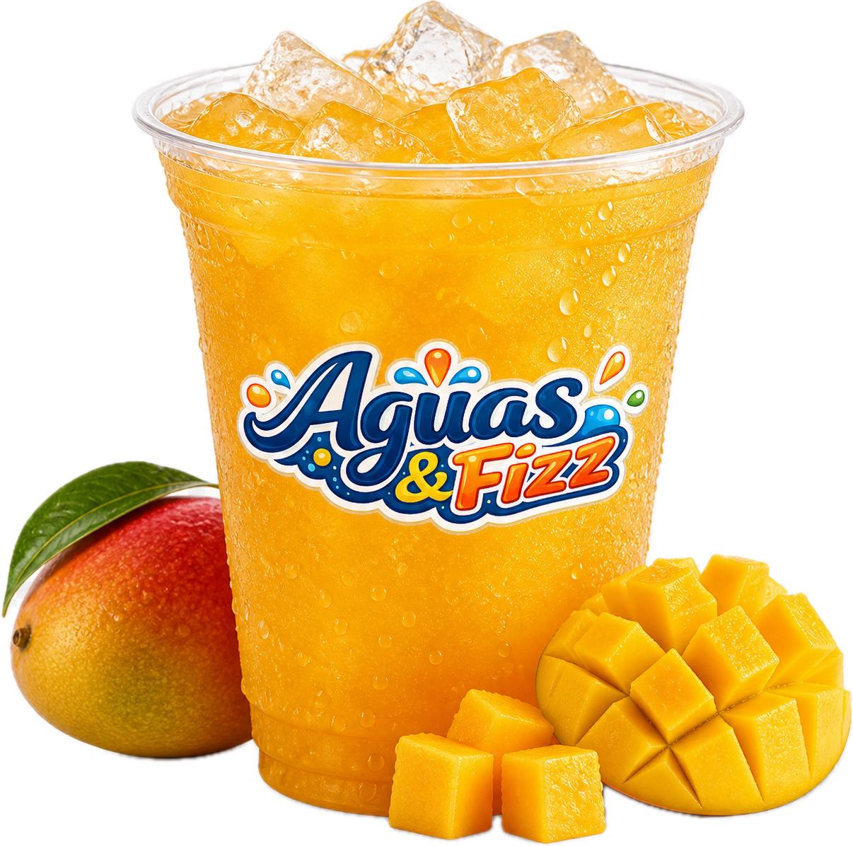 A plastic cup of mango and peach flavored soda with ice, labeled 'Aguas & Fizz'. Next to the cup are a whole mango with a leaf and a sliced mango showing cubed pieces.