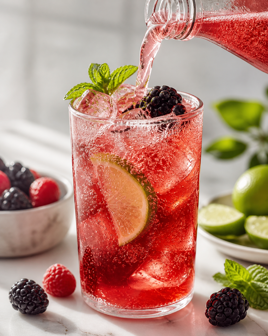 A glass of red berry cocktail with ice, lemon slice, blackberries, a sprig of mint, and pink soda pouring into it.