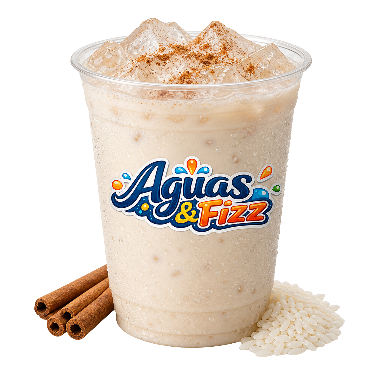 A plastic cup filled with a creamy beverage topped with ice and sprinkled with cinnamon, labeled 'Aguas & Fizz'; beside the cup are cinnamon sticks and a small pile of rice