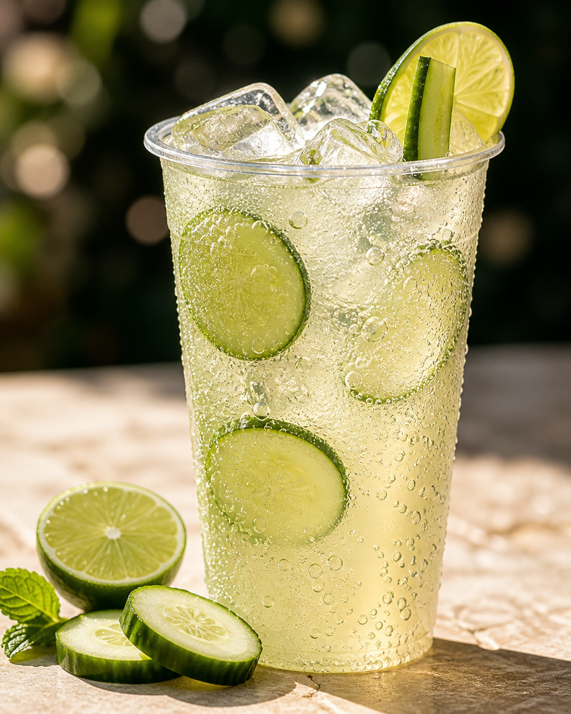 A clear plastic cup filled with sparkling lime cucumber beverage, ice cubes, and lime and cucumber slices, with extra lime and cucumber slices on a wooden surface nearby.
