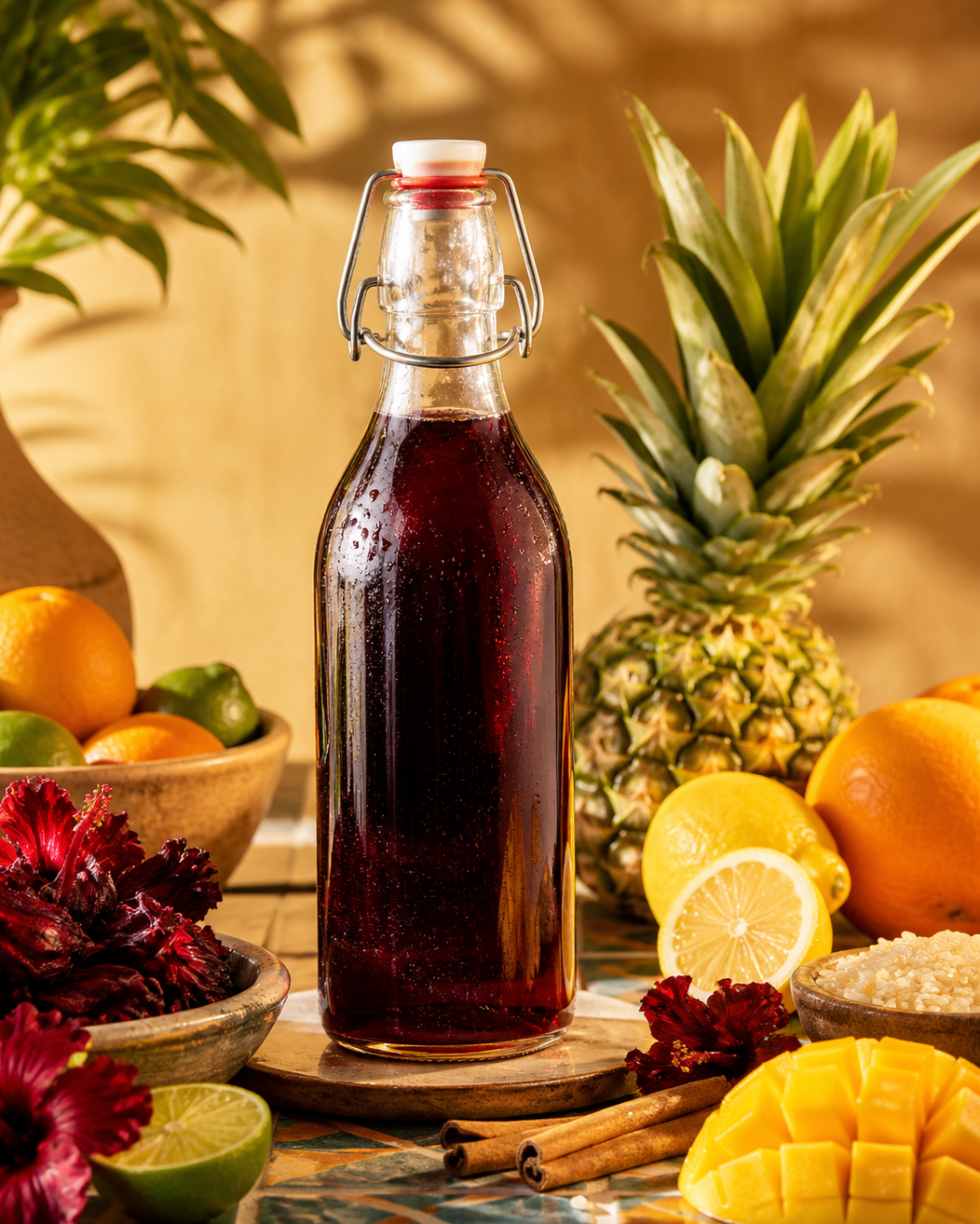 A glass bottle of red fruit syrup surrounded by tropical fruits and ingredients including pineapple, lemon, mango, citrus, lettuce, cinnamon sticks, and rice.