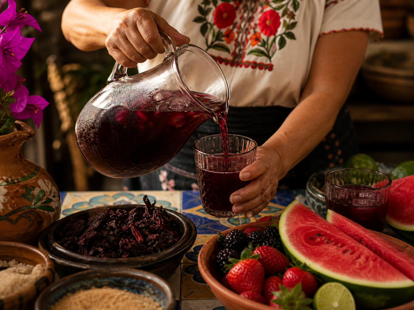 A person pouring red beverage from a glass pitcher into a glass, with a variety of fresh fruits on the table including watermelon, strawberries, blackberries, and lime, along with bowls of dried hibiscus flowers and other ingredients.