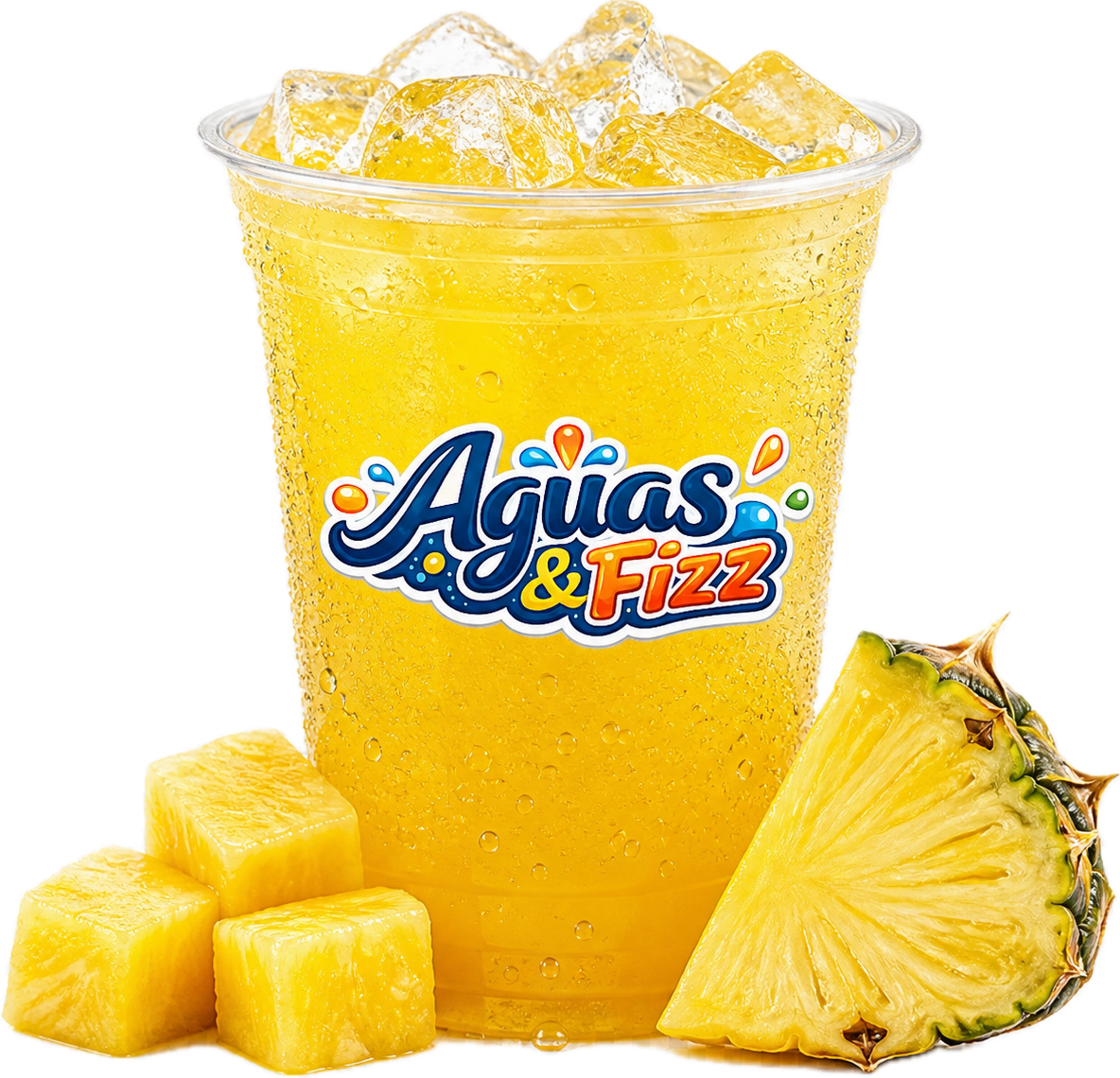 A clear plastic cup filled with yellow pineapple-flavored soda and ice cubes, labeled 'Agias & Fizz', with fresh pineapple slices in front of the cup.
