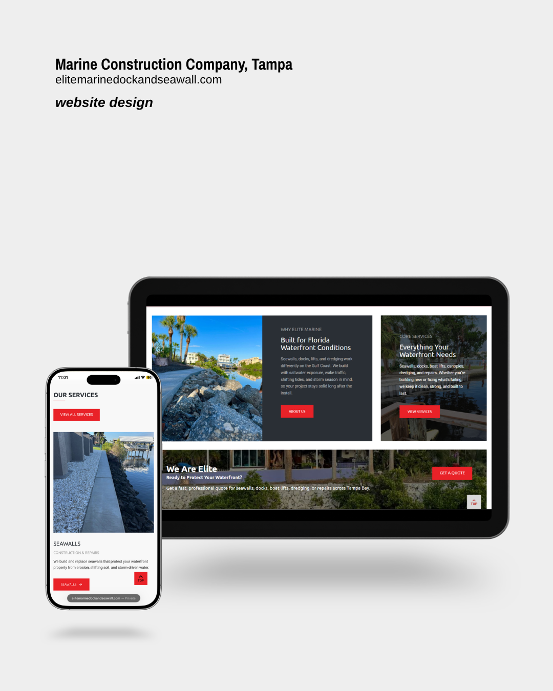 Mockup of a website design for Marine Construction Company in Tampa, shown on a tablet and a smartphone. The website features images of waterfront projects, service descriptions, and contact buttons.