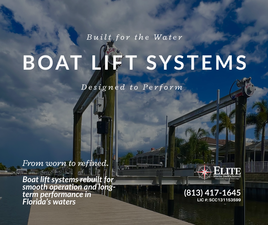 A digital advertisement for boat lift systems with a background of a waterway and boat dock under a partly cloudy sky, featuring text about the product's design and performance, and contact information for Elite Marine Dock & Seawall.