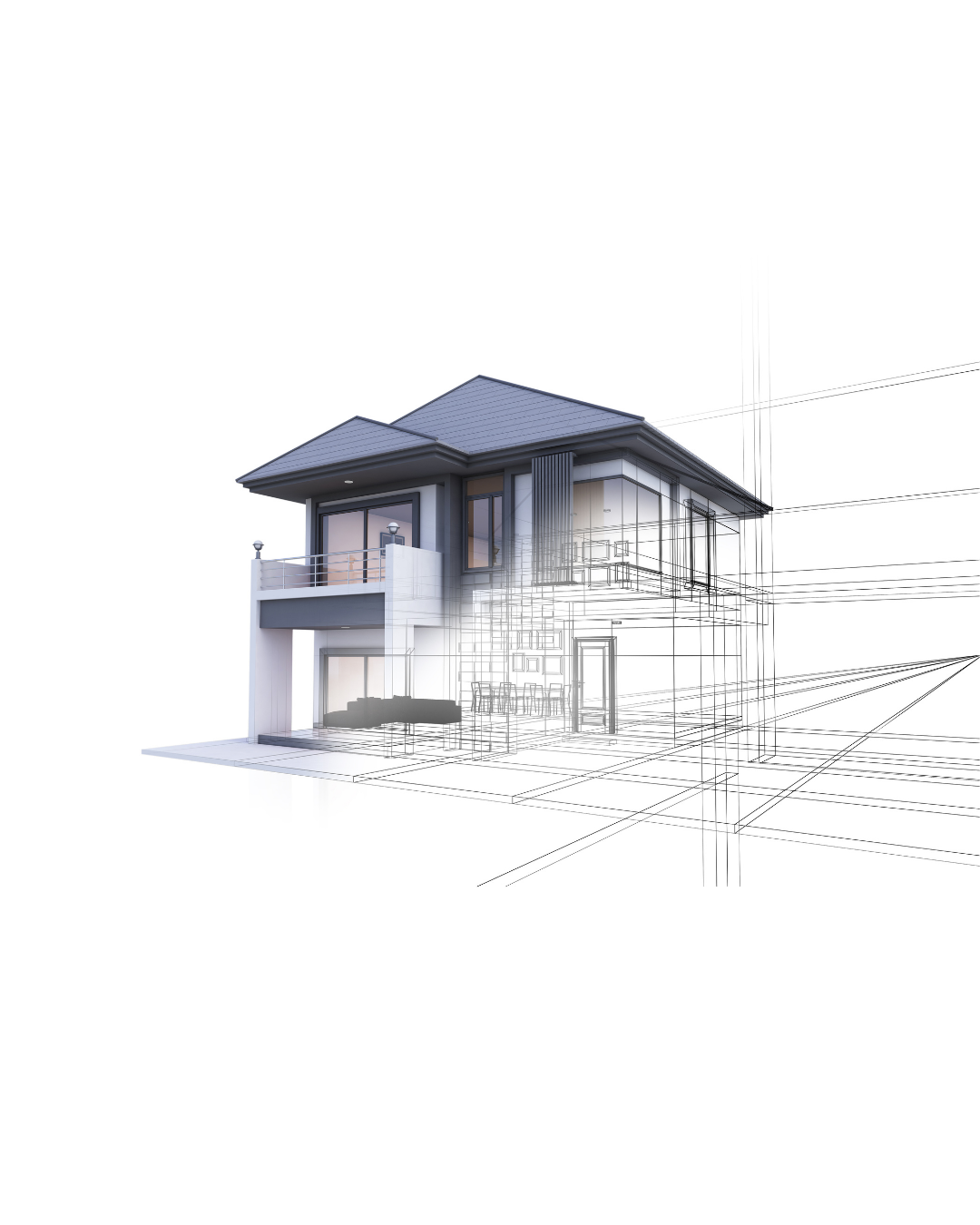 Partial rendering of a modern two-story house with exterior details and architectural lines.