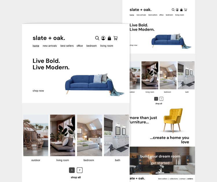 Screenshots of the Slate + Oak furniture website, featuring modern living room furniture including a blue sofa and a yellow armchair, with images of various room setups and navigation options.