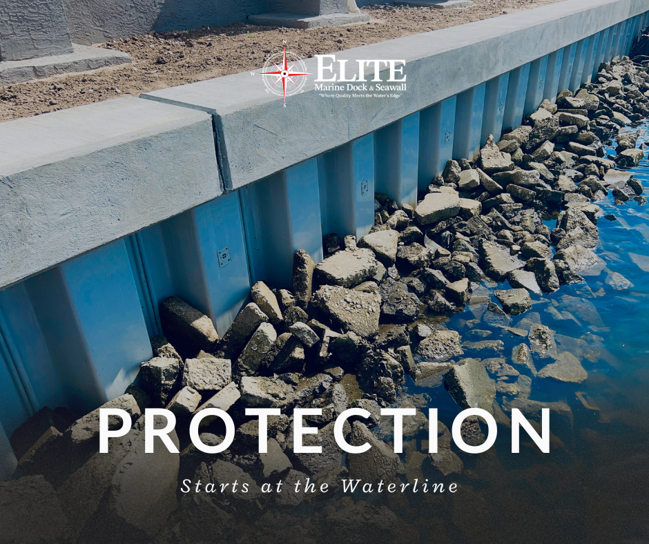 A marine dock with concrete and metal sheet pile walls, rocks, and water, with text overlay promoting waterline protection.