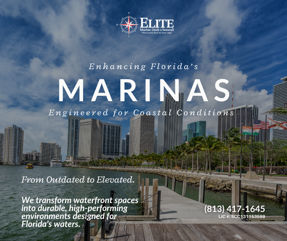 A promotional flyer for Elite Marine Dock & Seawall features a city skyline along waterfront with clear blue skies, palm trees, flags, and a wooden dock extending into the water.