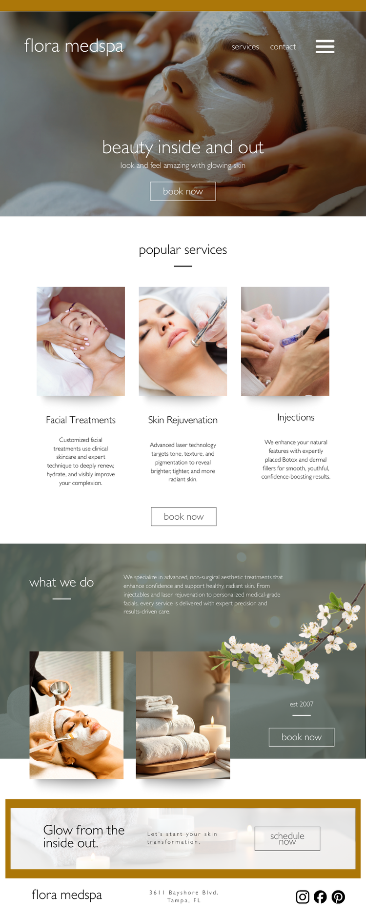 Spa clinic's website homepage featuring a woman receiving a facial, with sections on popular services like facial treatments, skin rejuvenation, and injections, and images of relaxing spa treatments and decor.