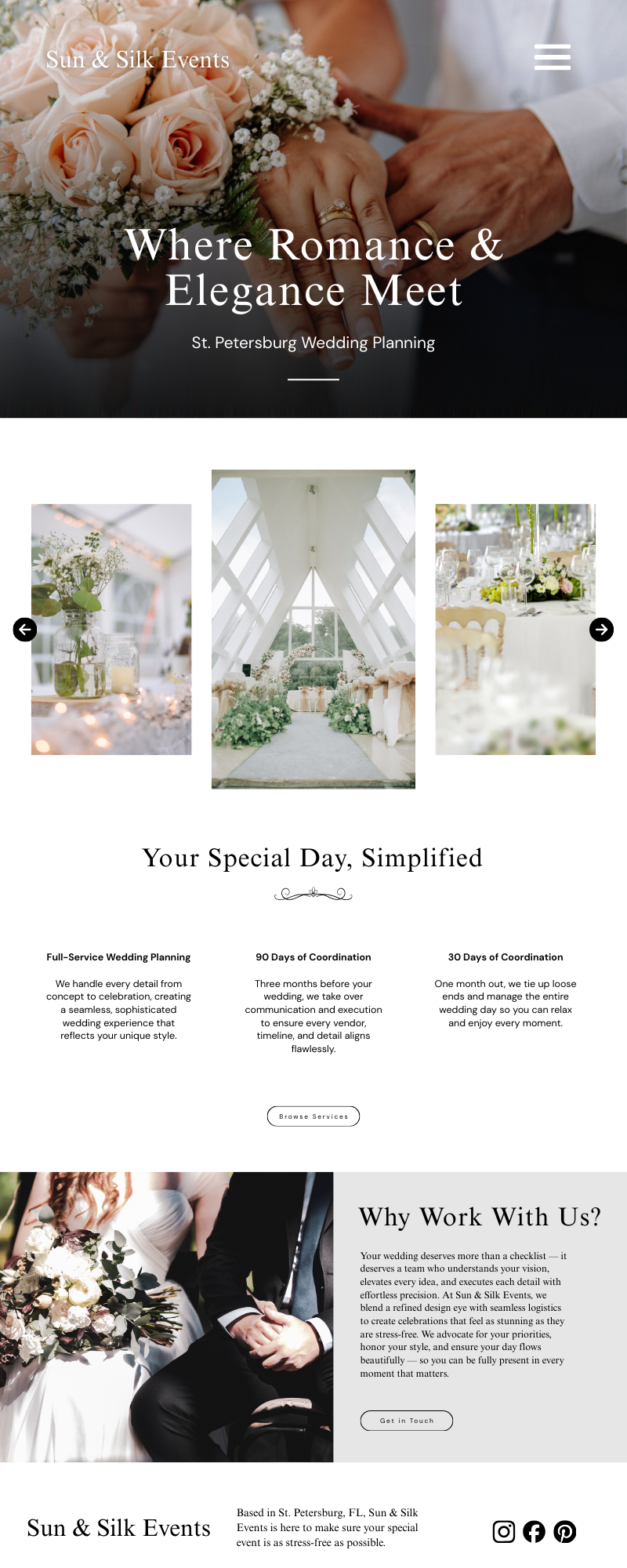 Wedding website homepage with images of wedding floral arrangements, an elegant ceremony space, and a bride and groom holding hands. Text highlights wedding planning services in St. Petersburg, Florida.