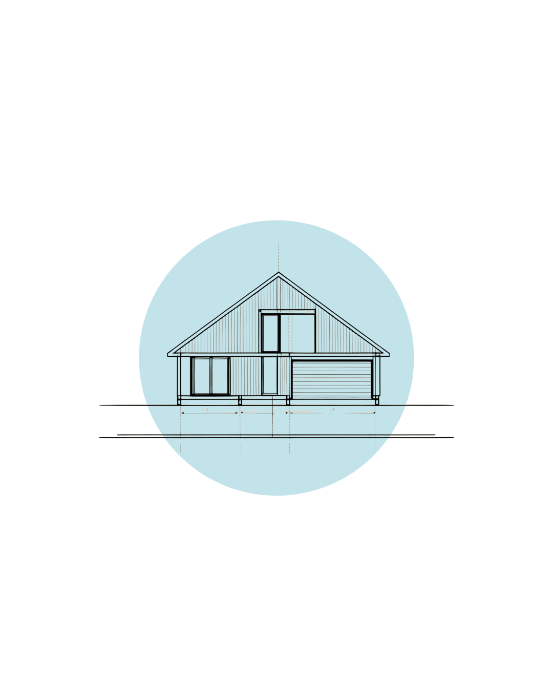 Architectural blueprint of a house with a front porch and garage, with measurements and lines indicating design details.