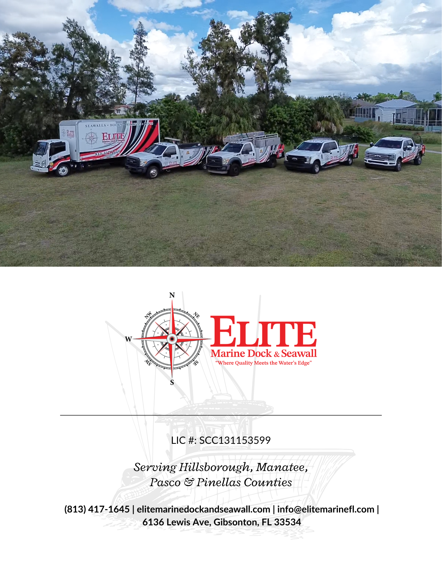 Image of five service trucks parked on a lawn with trees and houses in the background, featuring branding for Elite Marine Dock & Seawall, including their logo, contact information, and tagline.