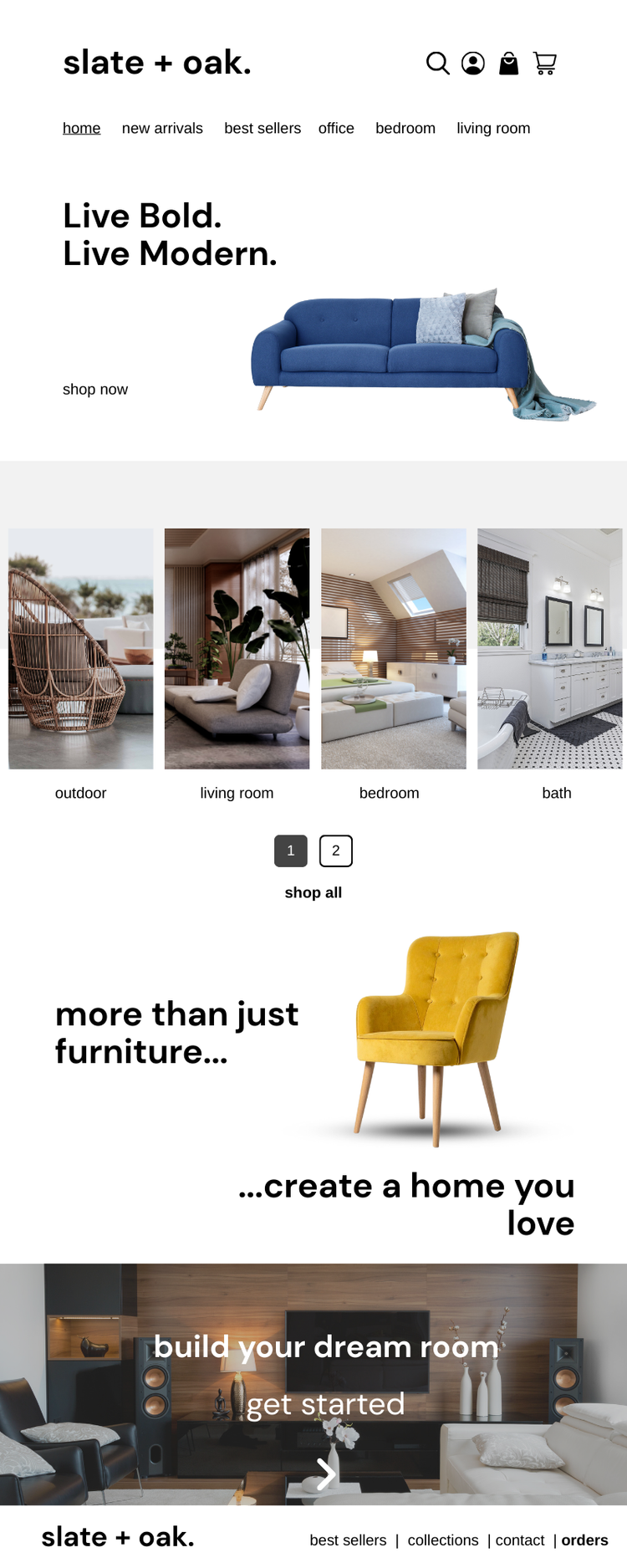 A webpage for Slate + Oak furniture store featuring a blue sofa, outdoor chair, living room, bedroom, bathroom, yellow armchair, and a living room with a TV.