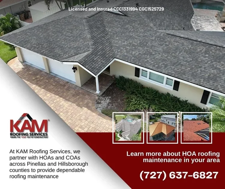 Aerial view of a house with a gray shingle roof, beige exterior walls, and a paved driveway. Small inset images show different roof types. Logo and contact info for KAM Roofing Services are included.