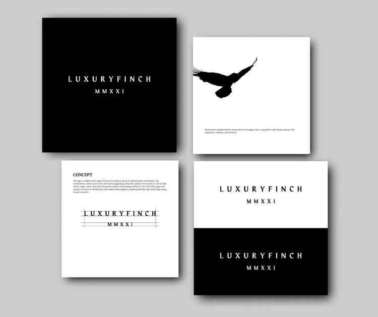 Four black and white branding cards for LUXURYFINCH, with one featuring a bird silhouette, the others displaying the brand name and concept details.