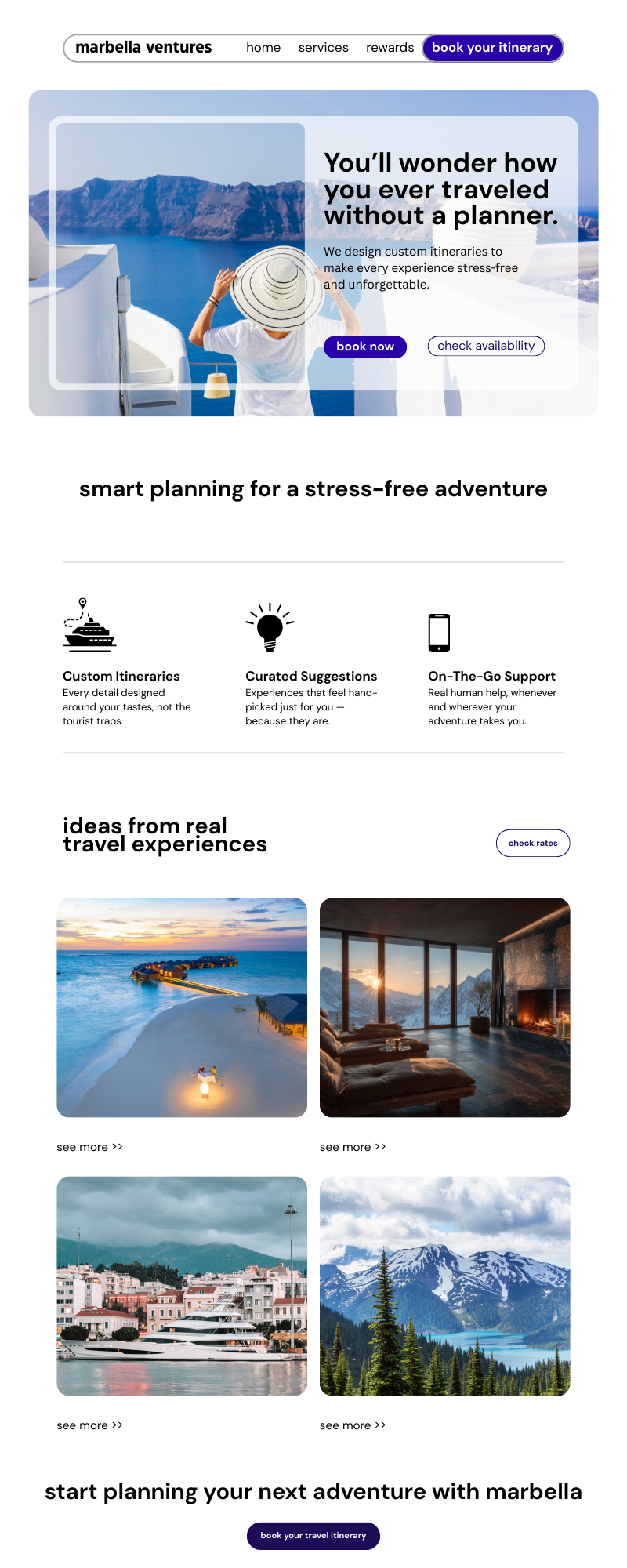 Website homepage for Marbella Ventures travel planning service featuring an image of a person in a white hat overlooking the sea in Santorini, Greece. The page promotes customized itineraries, curated suggestions, and real-time support for stress-fre