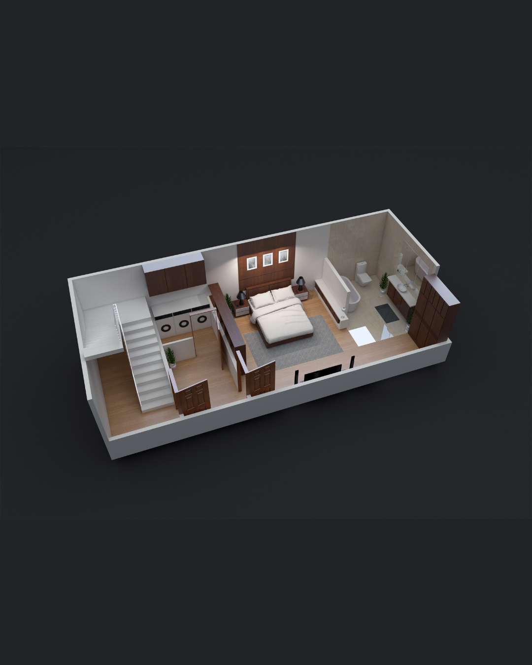 3D floor plan of a small apartment with a bedroom, bathroom, kitchen, and living area.