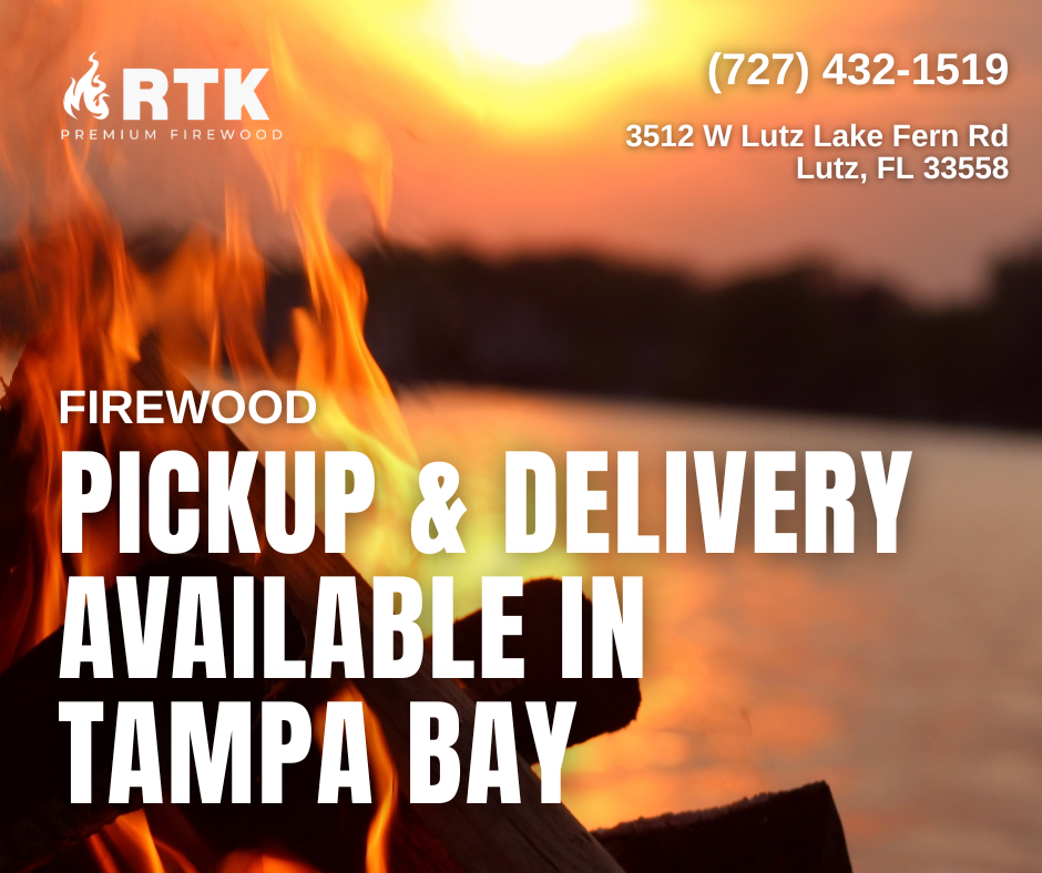A sunset over a body of water with a fire in the foreground, promoting firewood pickup and delivery services in Tampa Bay by RTK Firewood.