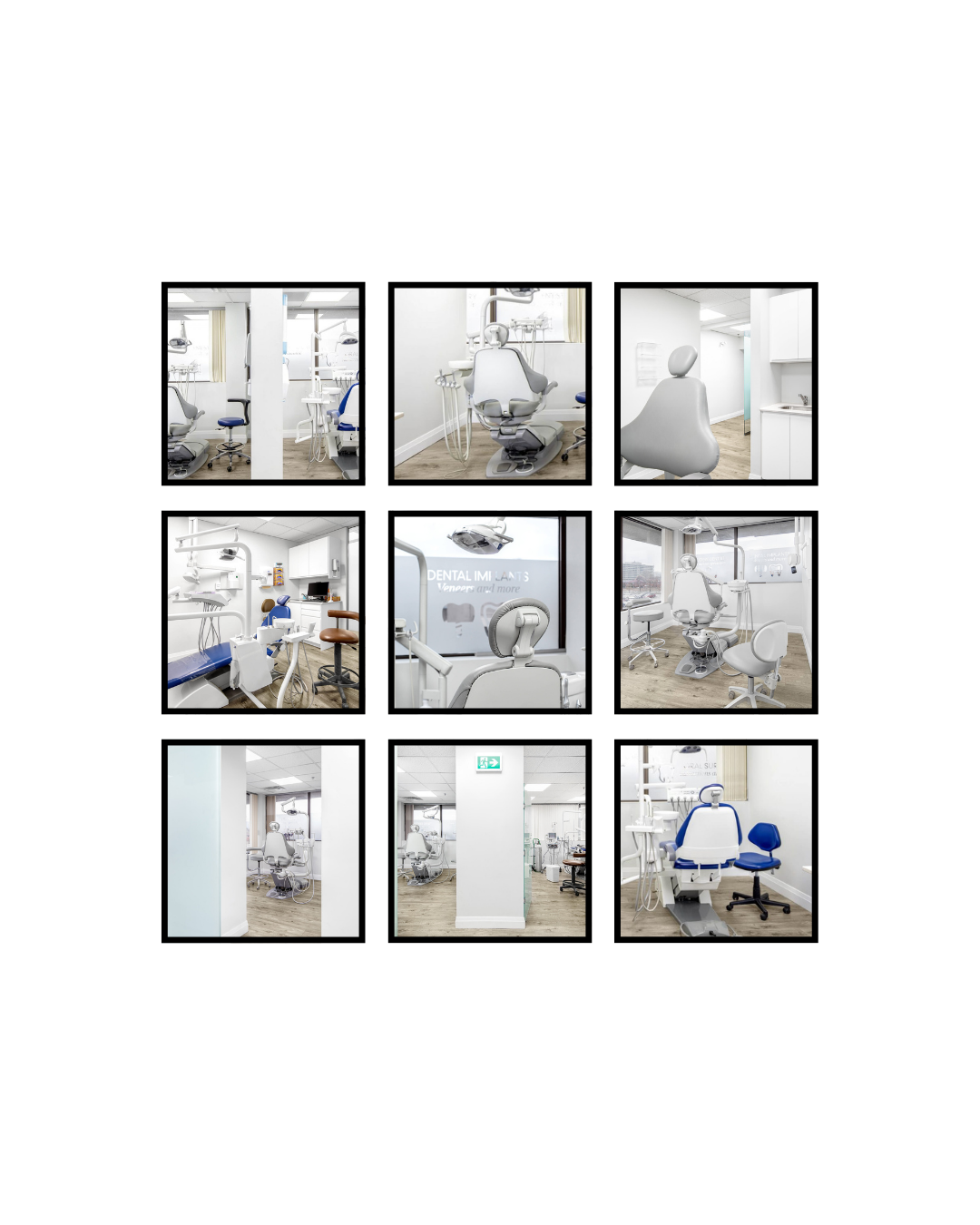 Collage of images of dental treatment rooms and dental chairs in a modern dental clinic.
