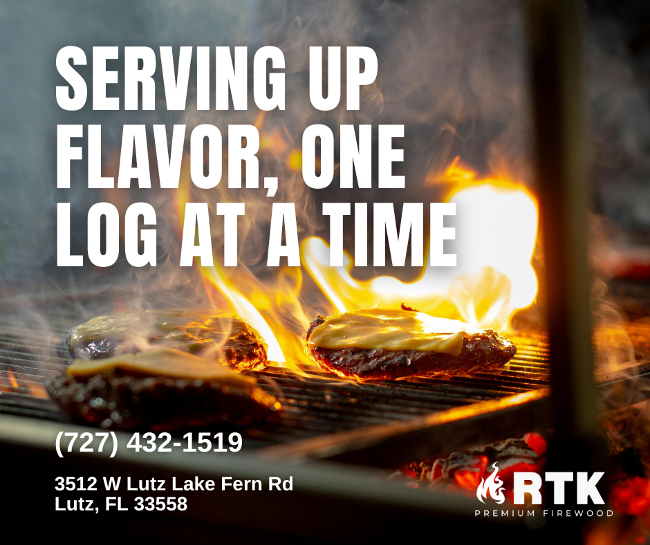 Close-up of hamburgers cooking on a grill with flames, with text about serving up flavor one log at a time and contact information for a firewood supplier.