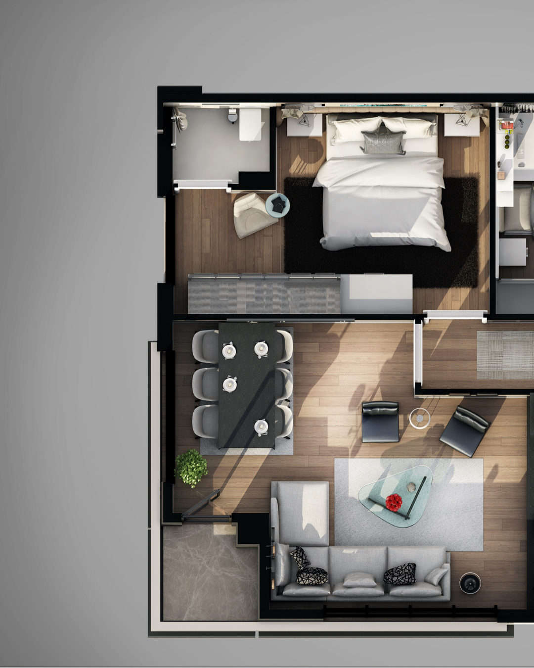 A modern one-bedroom apartment layout featuring a bedroom with a large bed, a bathroom, a dining area with a black table and six chairs, and a living room with a sofa, two chairs, a coffee table, and a television.