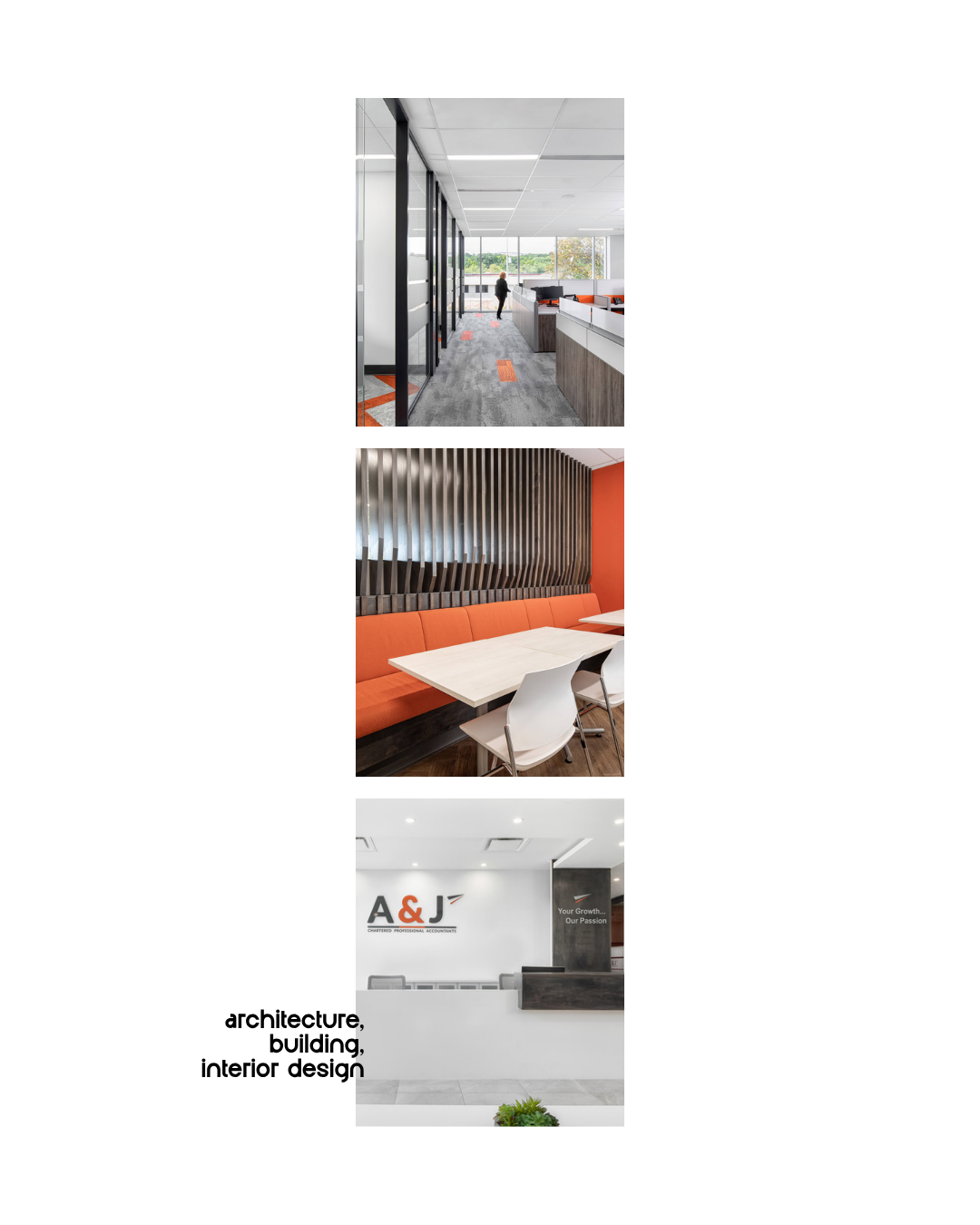 Modern office interior with glass-walled workspaces, a sitting area with orange upholstery and white chairs, and a reception desk displaying the logo 'A&J Chartered Professional Accountants'.