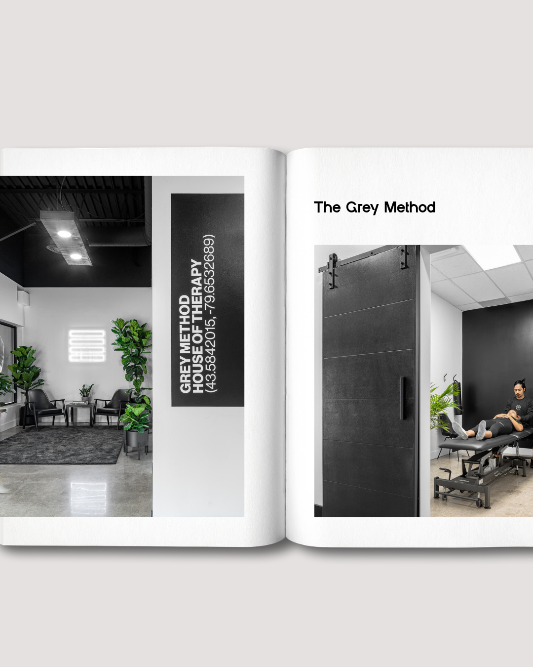 Open book displaying two pages; the left page shows a waiting room with chairs, plants, a window, and a neon sign; the right page shows a treatment room with a black wall, a door, and a person lying on a treatment table.