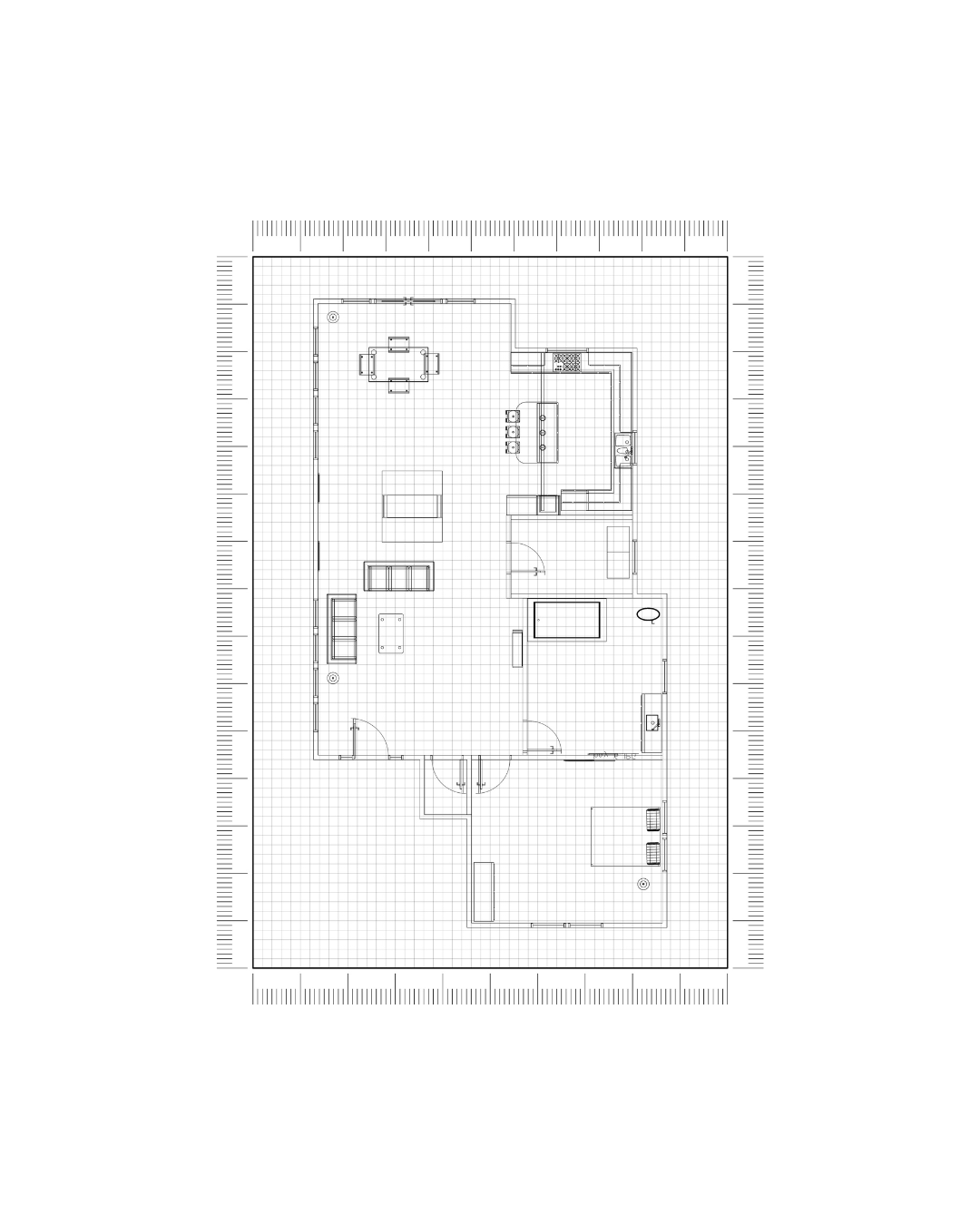 Architectural floor plan of a house with various rooms, including living, dining, kitchen, and bedrooms, on graph paper.