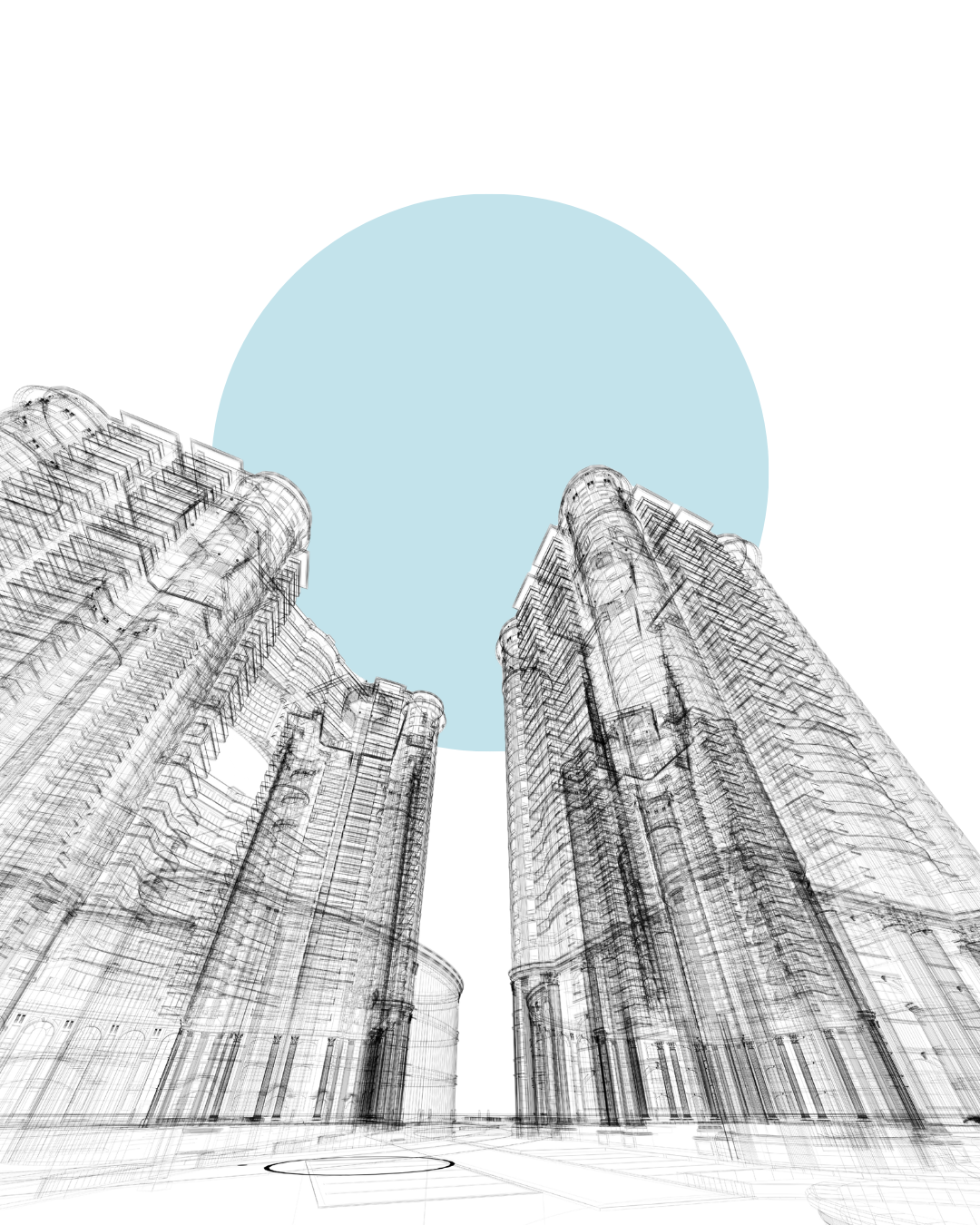 Architectural wireframe drawing of tall skyscrapers with a blue circle in the sky.