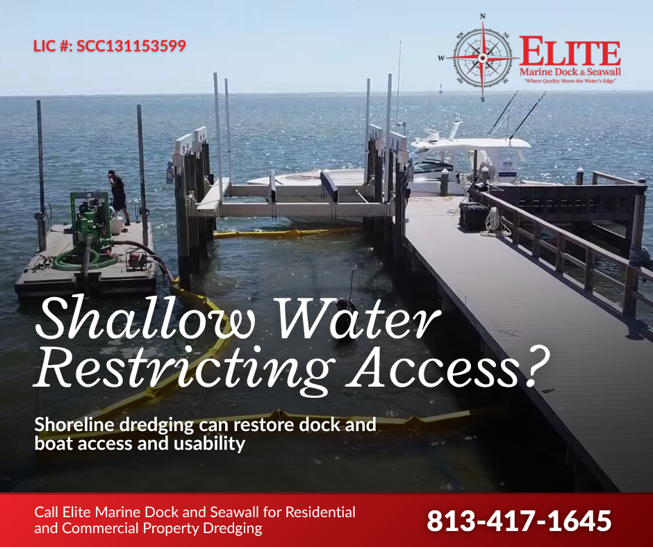 Photo of a marina dock with a boat and a dredging machine, over water, with text promoting shoreline dredging services.