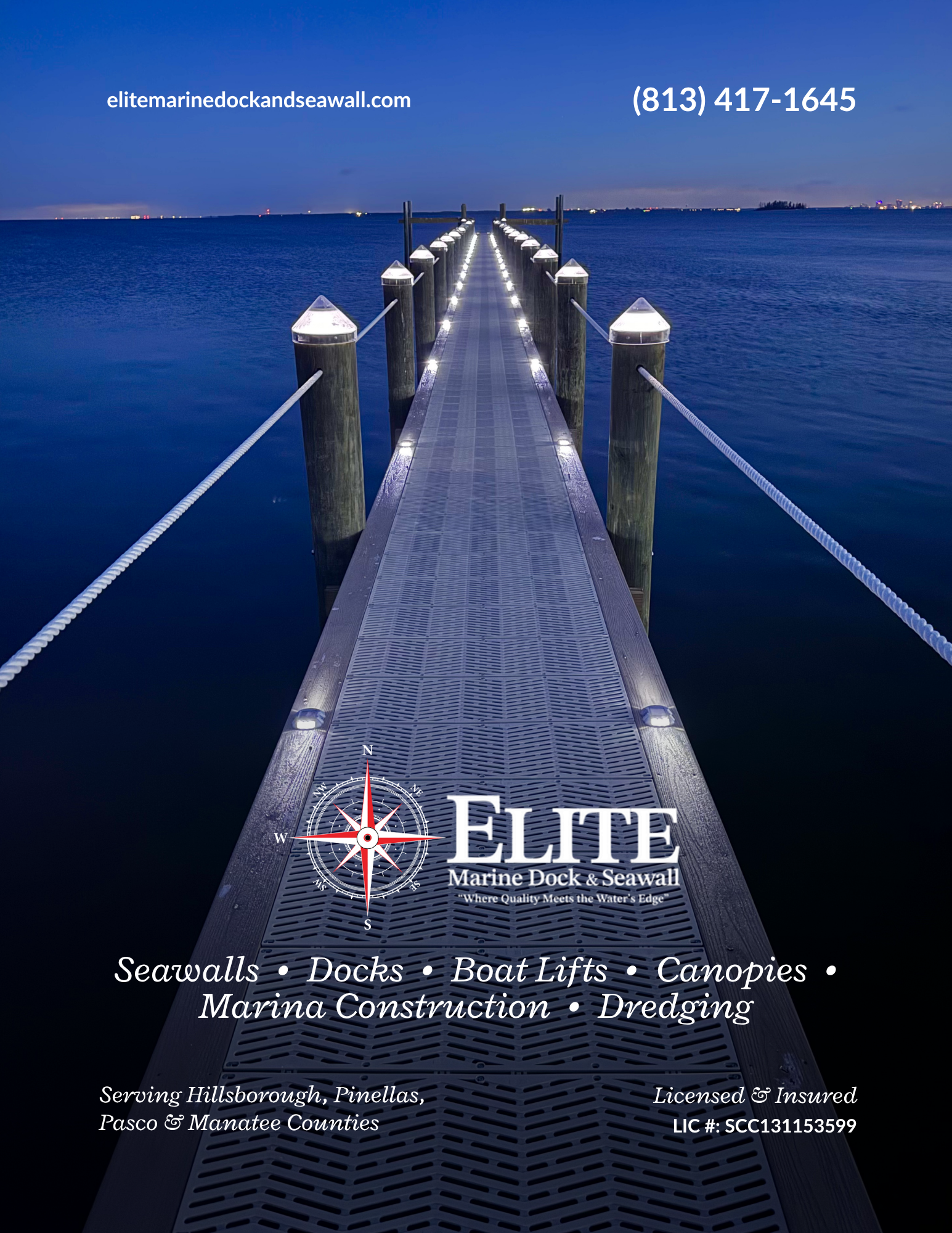 A dock extending into a body of water with city lights in the distance, featuring the logo and contact information for Elite Marine Dock & Seawall, including website, phone number, and a list of services such as seawalls, docks, boat lifts, canopies,