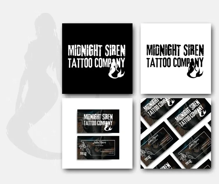 Business card and logo designs for Midnight Siren Tattoo Company, featuring black and white color schemes, with images of a siren and tattoo-related artwork.