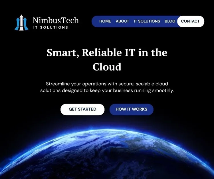 NimbusTech IT Solutions homepage with a space-themed background, Earth at the bottom, and navigation buttons for Home, About, IT Solutions, Blog, and Contact, highlighting cloud computing services.