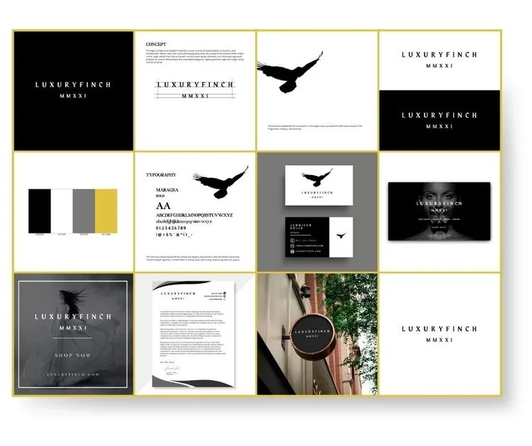 A collage of branding and marketing materials for LuxuryFinch, including logos, business cards, a website, color palette, typography, and a rooftop sign, with a black, white, gray, and gold color scheme and an illustration of a flying bird.