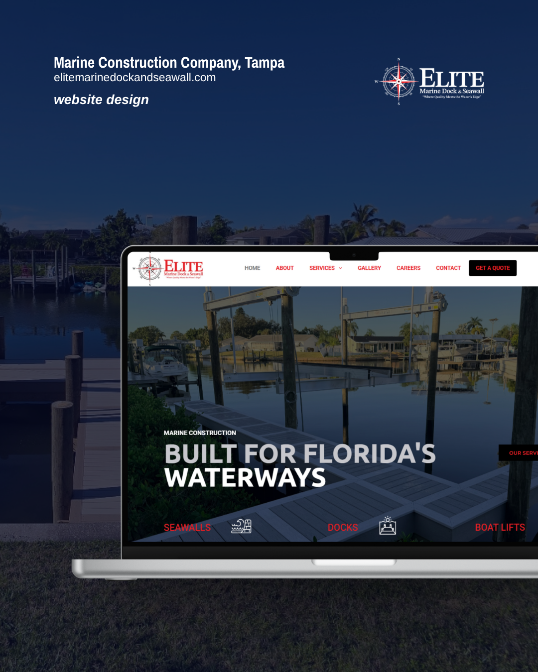 A laptop displaying a website for Elite Marine Dock & Seawall with a background of a waterway, docks, and boats in Tampa, Florida, under a clear blue sky.