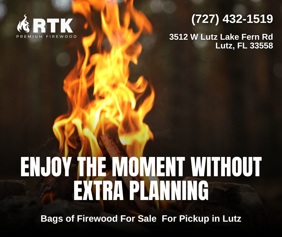 A burning campfire with orange flames against a blurred outdoor background, featuring logo and contact information for RTK premium firewood, promoting firewood for sale with the tagline 'Enjoy the moment without extra planning'.