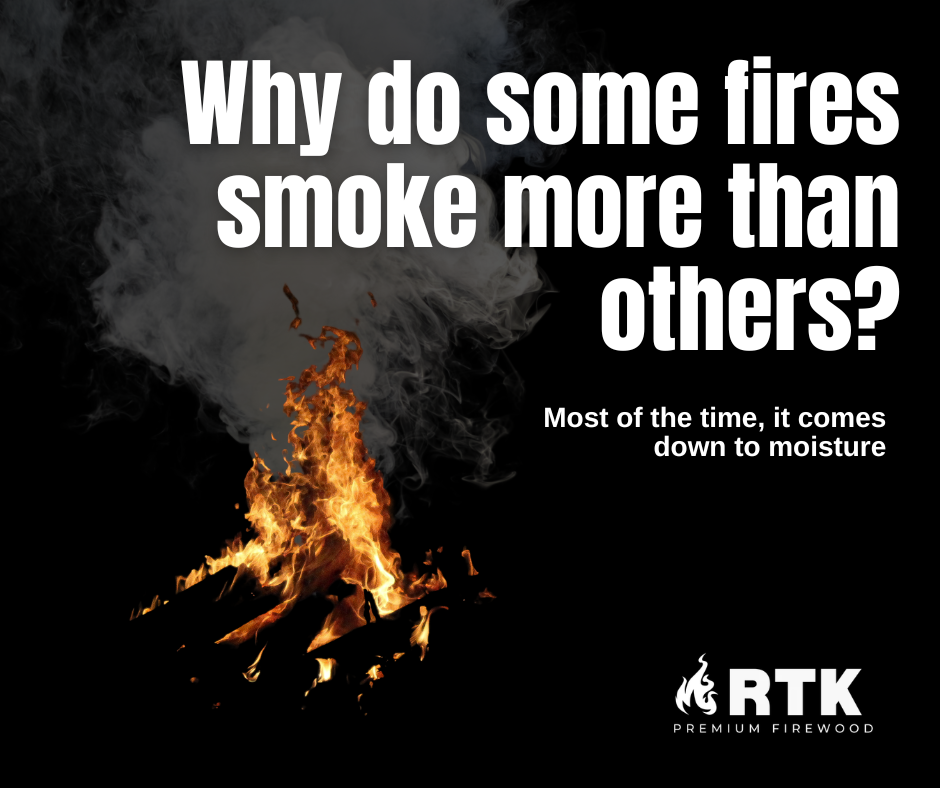 An advertisement for RTK Premium Firewood featuring a burning fire with smoke and the text: 'Why do some fires smoke more than others? Most of the time, it comes down to moisture.'