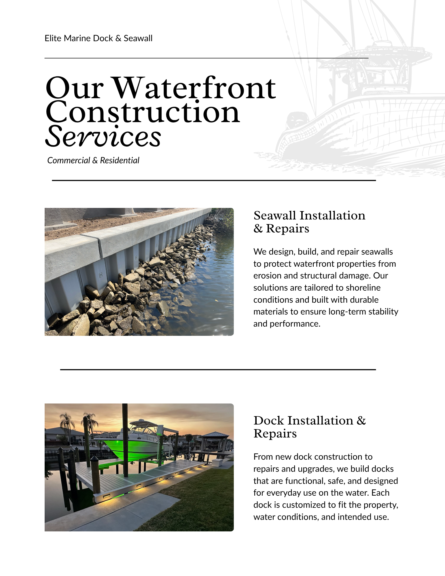 A brochure page showing waterfront construction services including sewall installation and repairs with a photo of a boat dock at sunset.